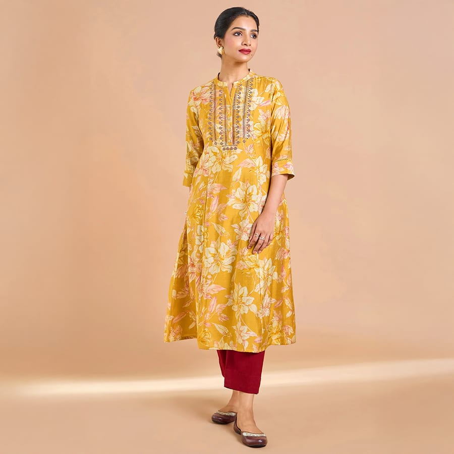 Mustard Yellow Modal Chanderi Printed Kurti With Embroidery
