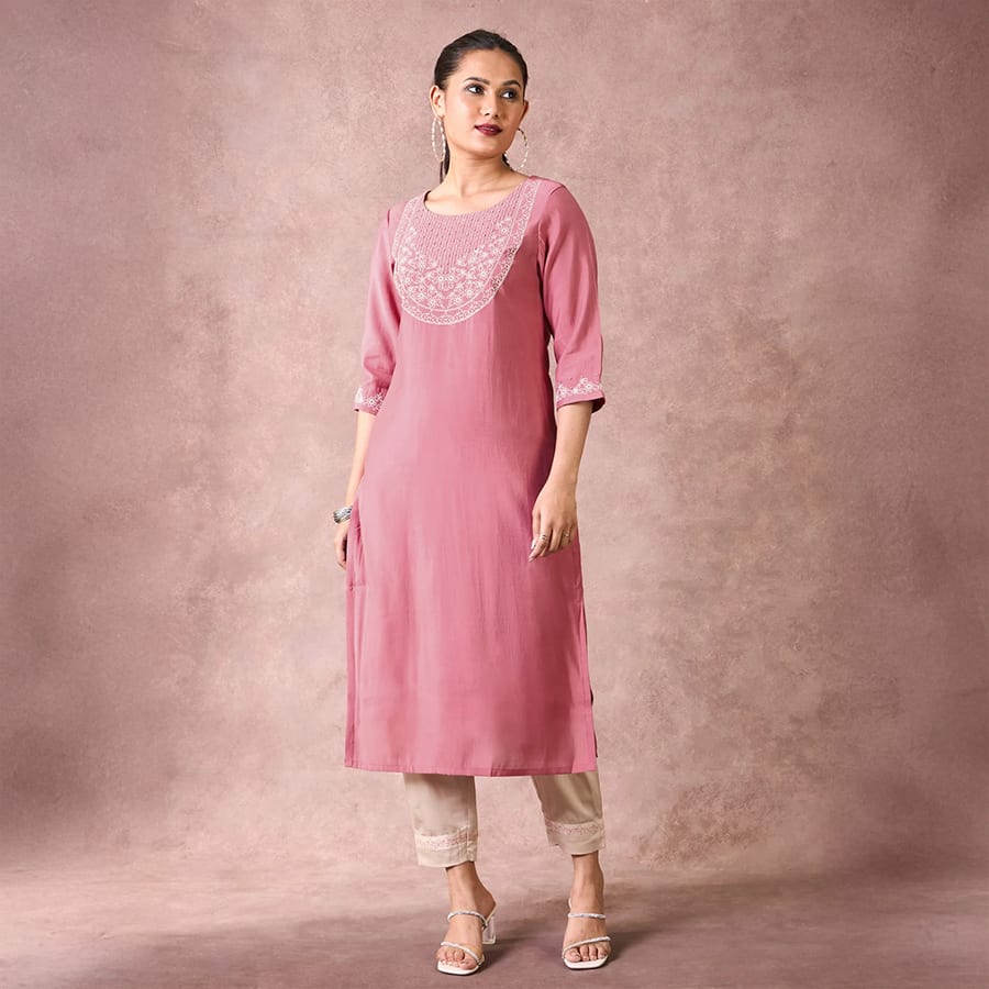 Onion Pink Viscose Blend Kurti & Bottom With Sequins Embroidery