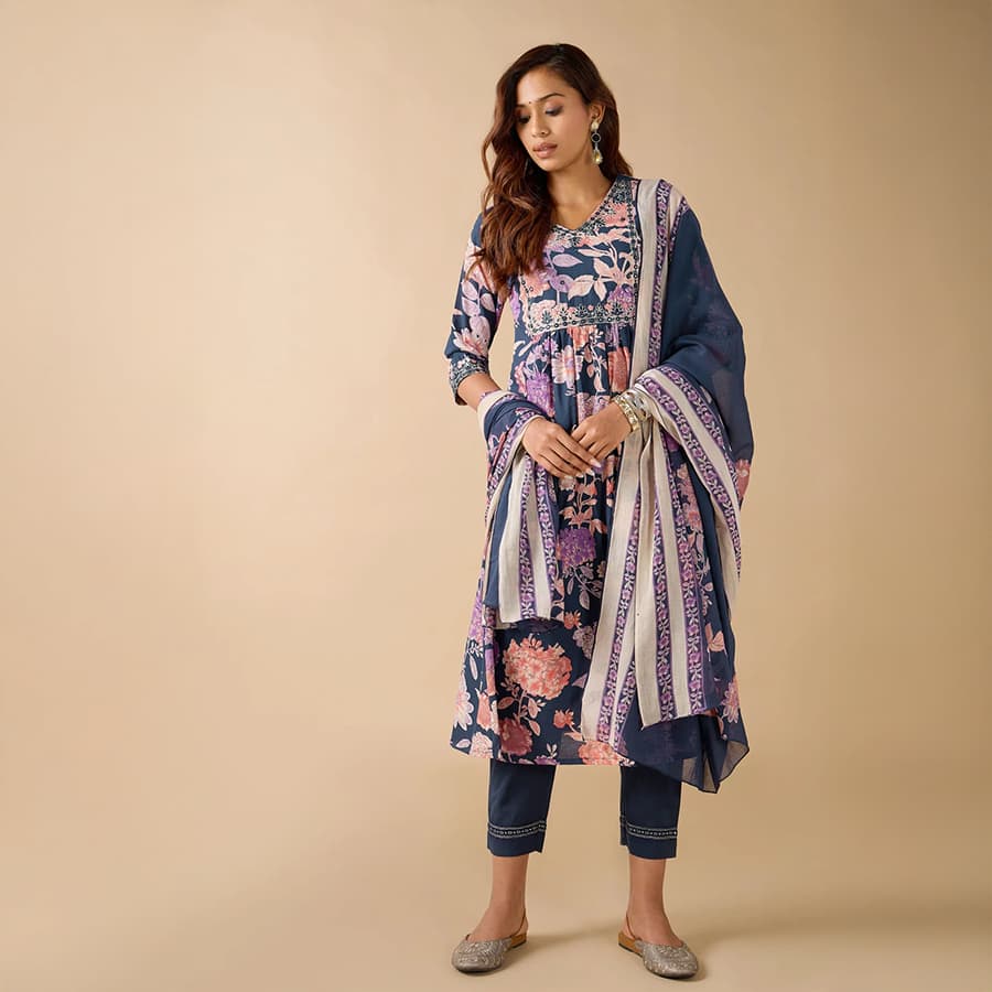Navy Blue Pure Cotton Floral Printed Kurti Set & Dupatta With Mirror Work