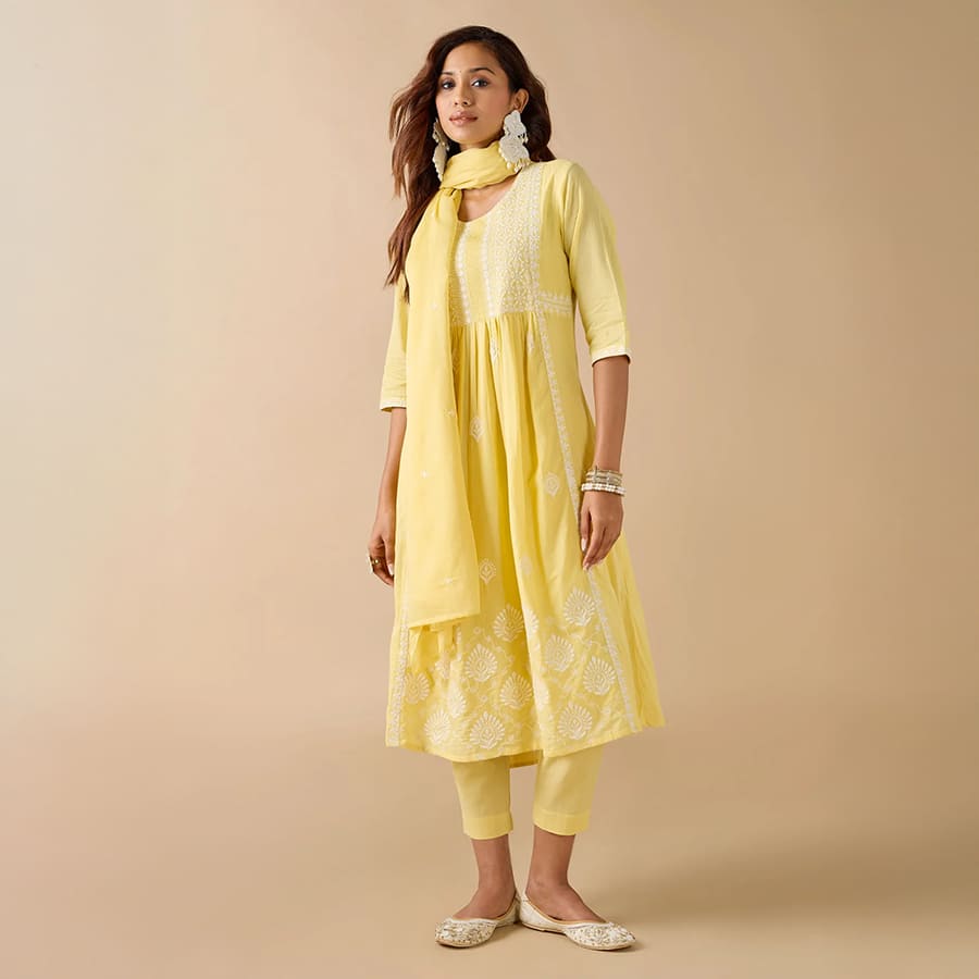 Yellow Pure Cotton Kurti Set & Dupatta With Embroidery
