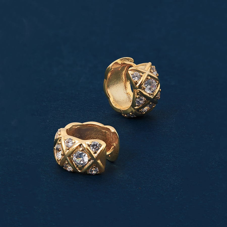 14k Real Gold Plated Diamanté Check Hoop Earrings