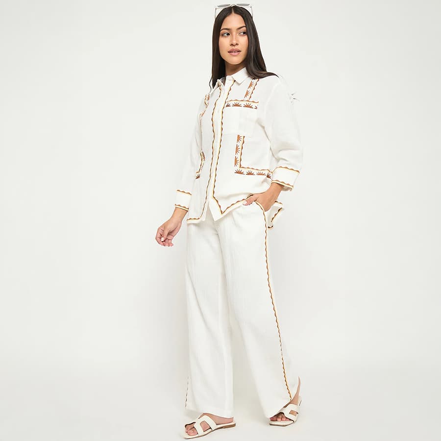 Madame Printed Shirt and Trousers White Cotton Co-ord Set