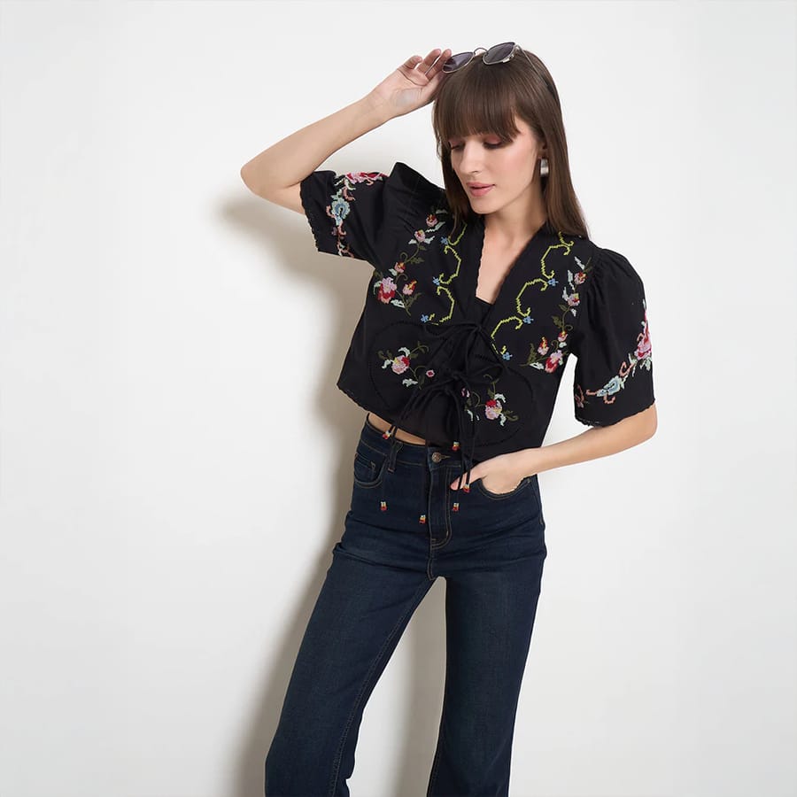 Madame Floral Embroidered Tie-Front Black Crop Top