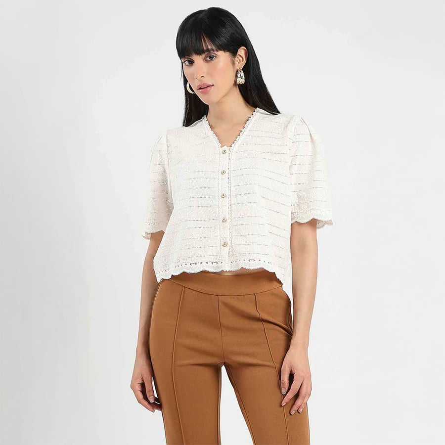 Madame Scalloped Beige Cotton Top