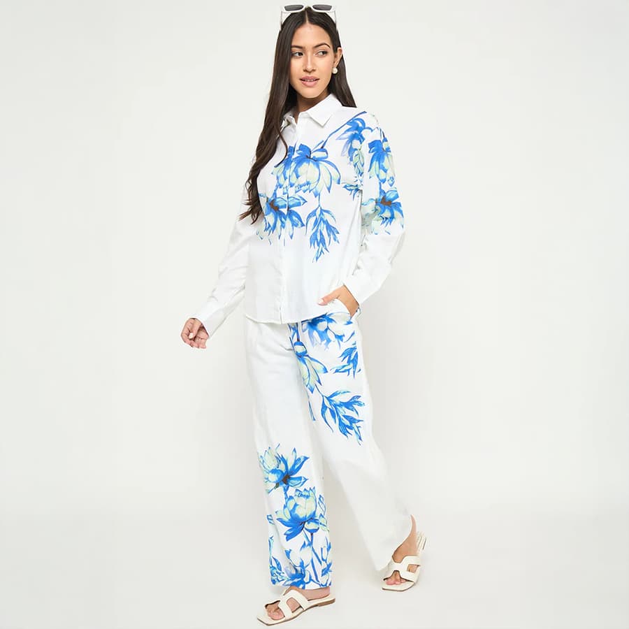 Madame Floral Print Shirt and Trousers Blue Cotton Co-ord Set
