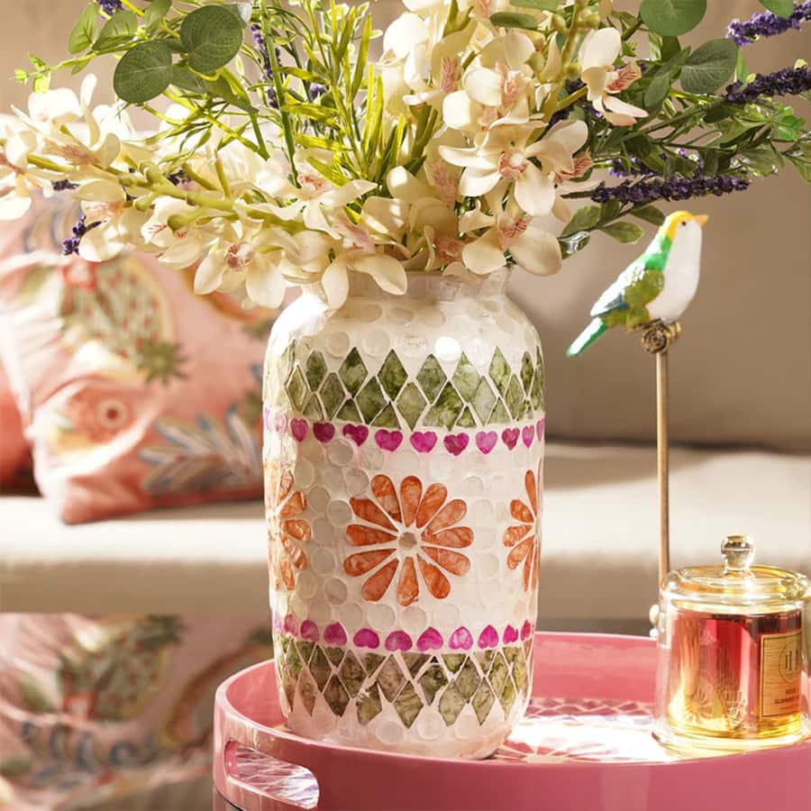 Green & Pink Bamboo Capiz Shell Round Vase - Small