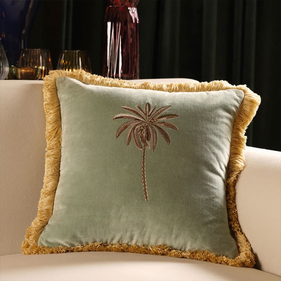 Green Palm Motif Azul Velvet Cushion Cover