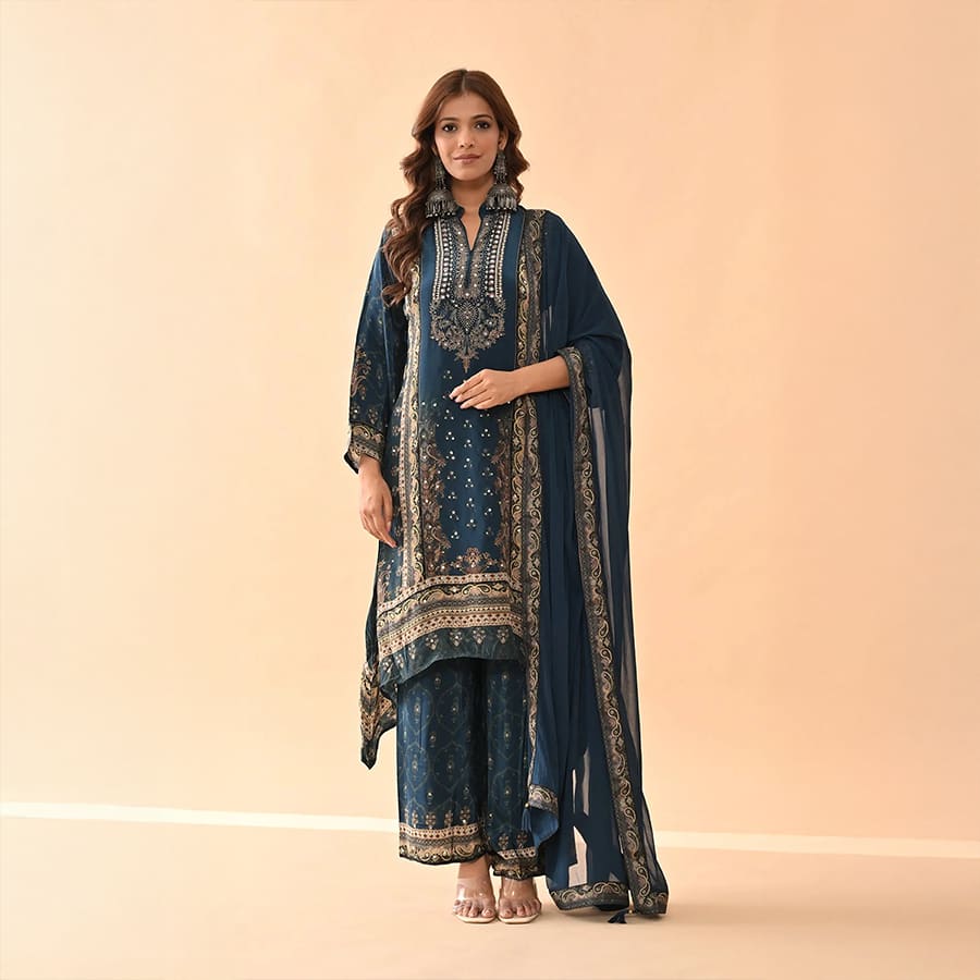 Teal Embellished Kurta Set