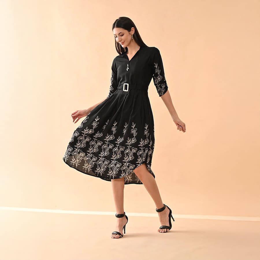 Black Printed A-line Dress