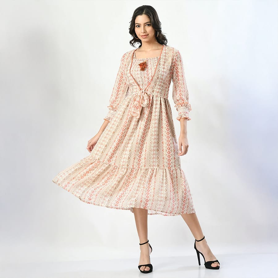Cream Designer Printed Dress