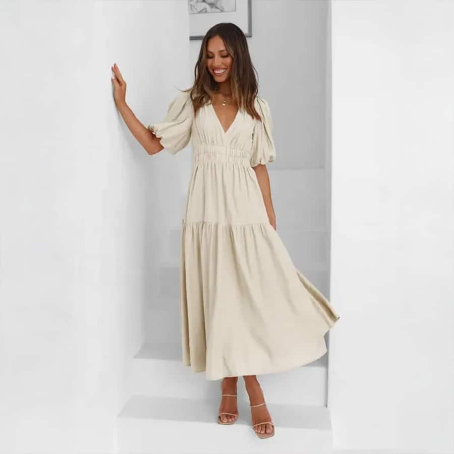 V-neck Beige Maxi Dress