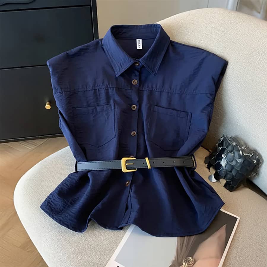 Navy Blue Belted Buttoned Shirt