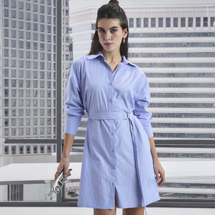 Blue Striped Midi Shirt Dress