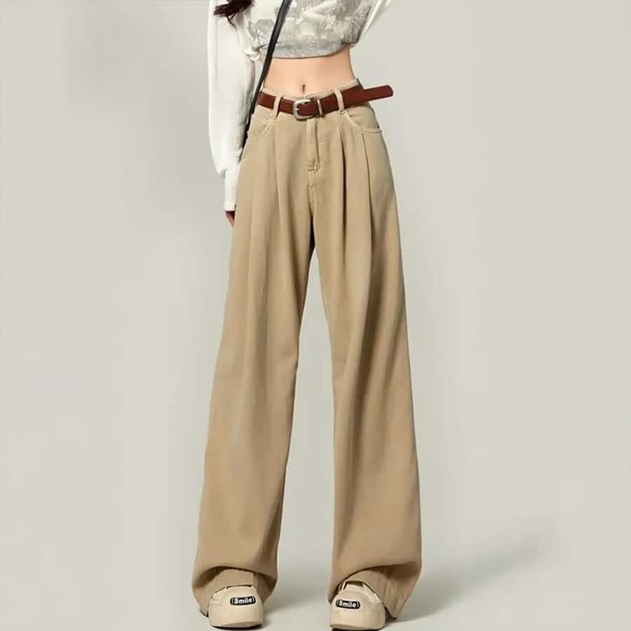 Pleated Beige Loose Fit Pants