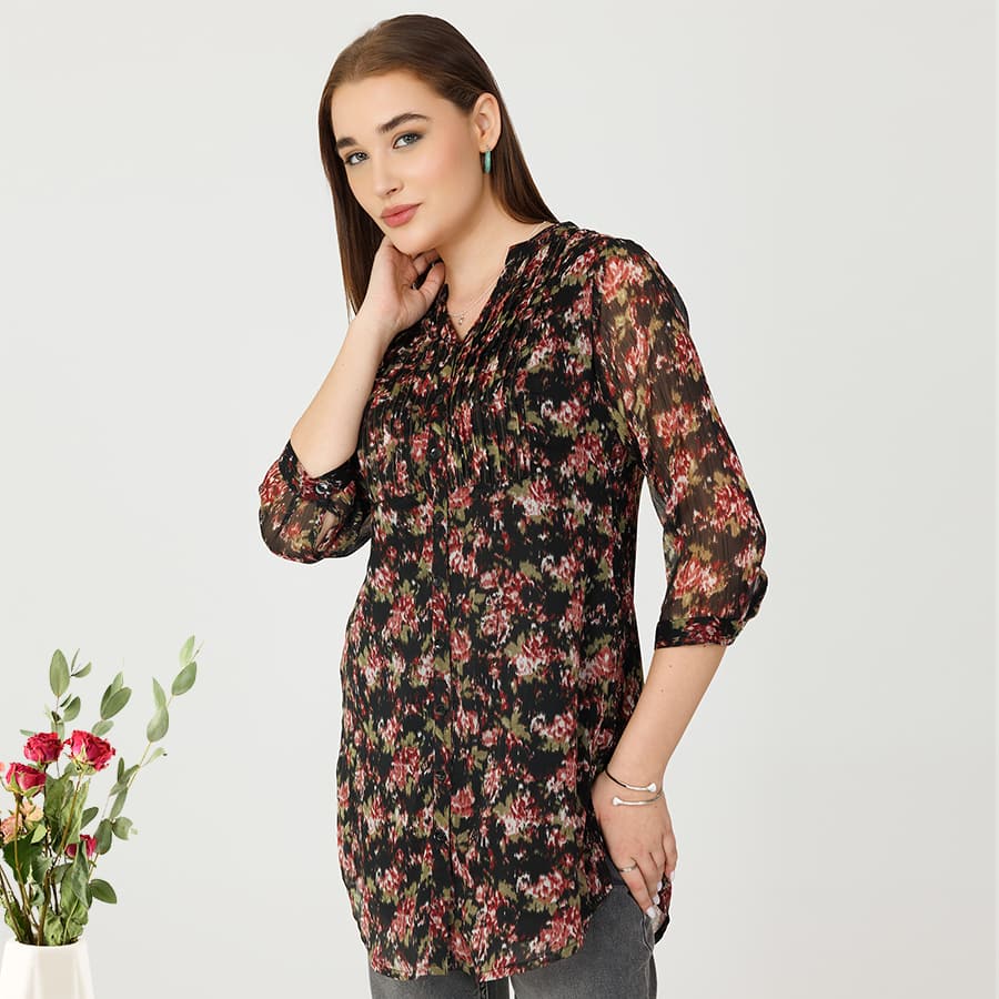 Black Chiffon Pintuck Tunic with Mandarin Collar