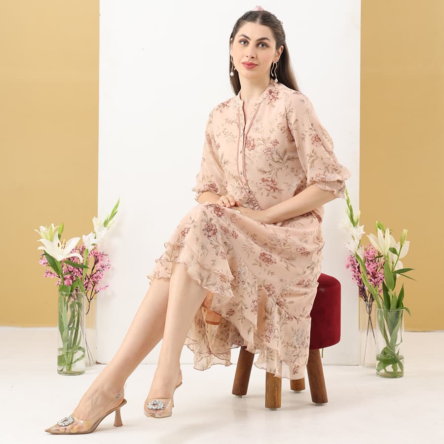 Peach Marble Chiffon Printed Dress with Mandarin Collar