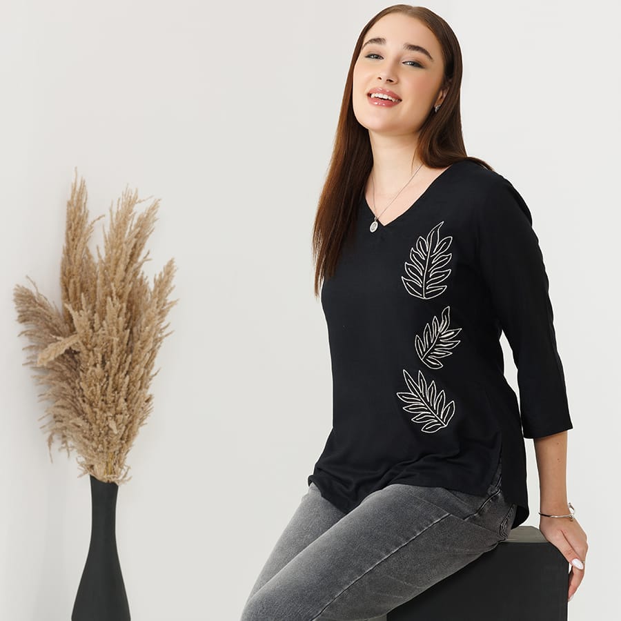 Black Embroidered Rayon Slub V-Neck Top