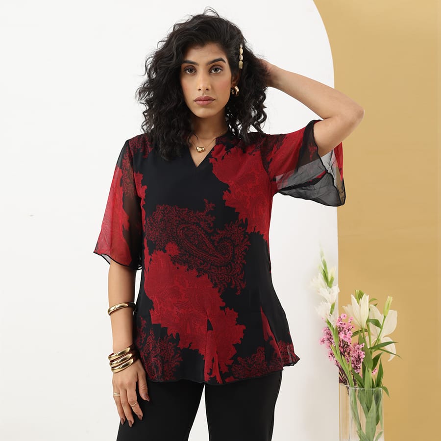 Red & Black Printed Georgette Top with Flared Sleeves
