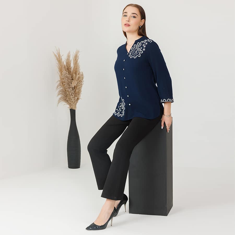 Navy Rayon Embroidered Casual Top with Mandarin Collar