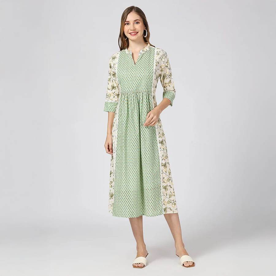 100% Cotton Green Floral Printed 3/4 Regular Sleeve Maternity Kurta Dress