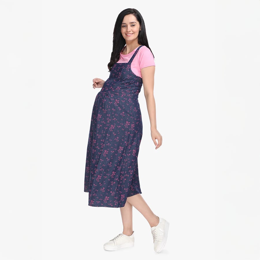 Stylish Maternity Dress with Nursing Option – Denim Blue