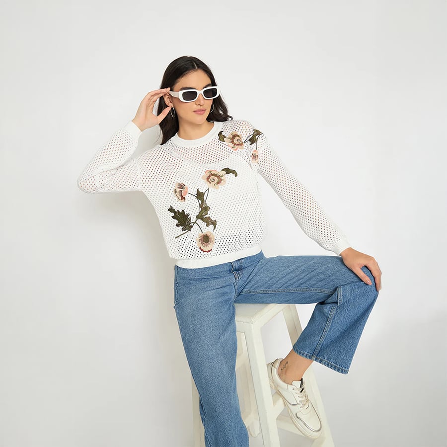 Madame Embroidered Semi Sheer Off White Knitted Top