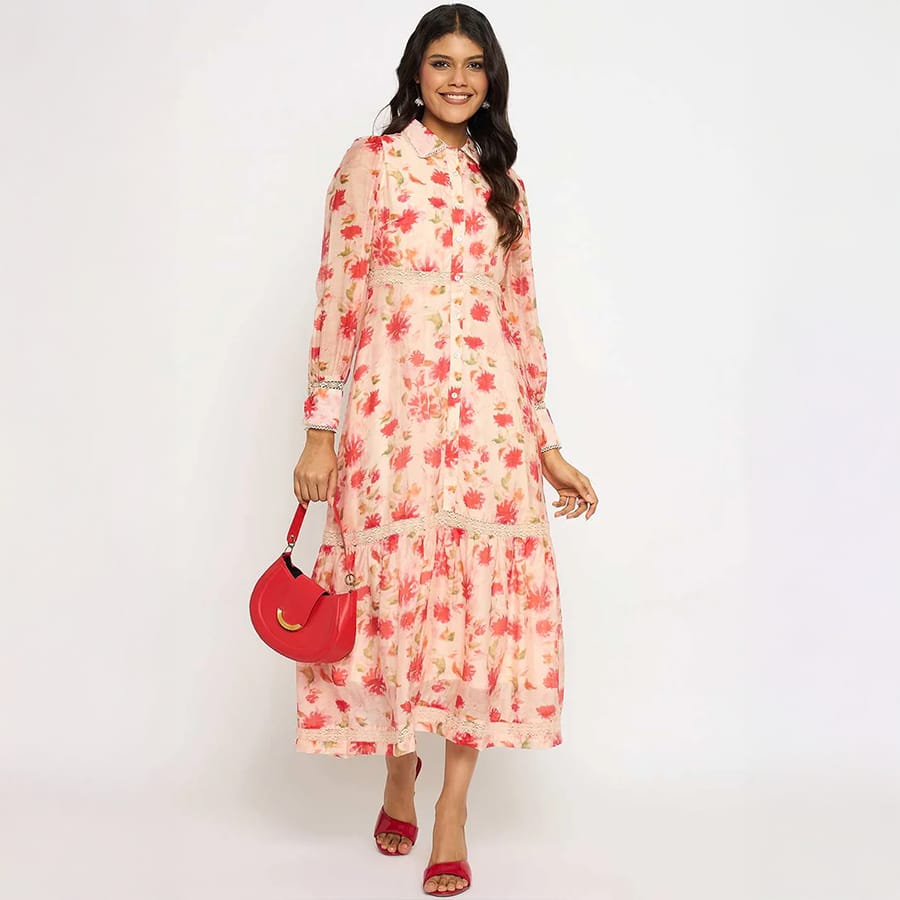 Madame Floral Print Tiered Peach Maxi Shirt Dress