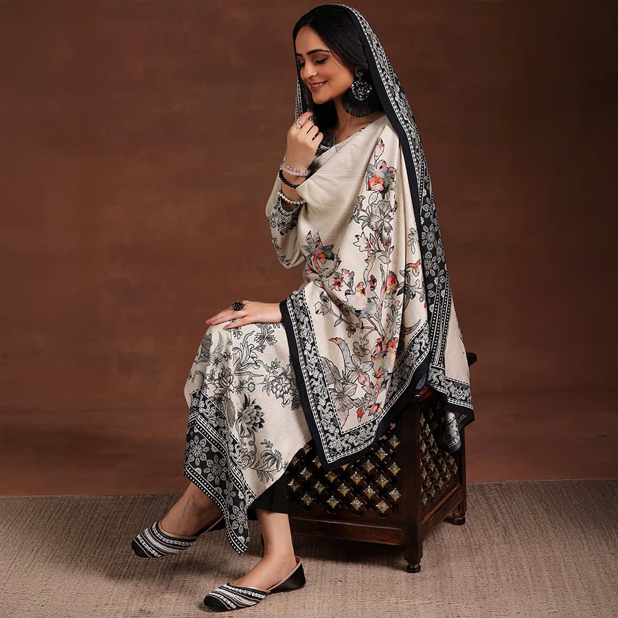 Monochrome Printed Silk Blend Straight Suit With Dupatta