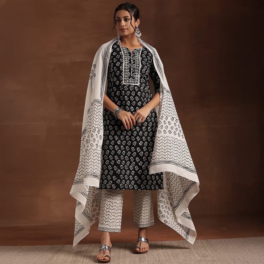 Black Printed Cotton Straight Suit Set With Dupatta