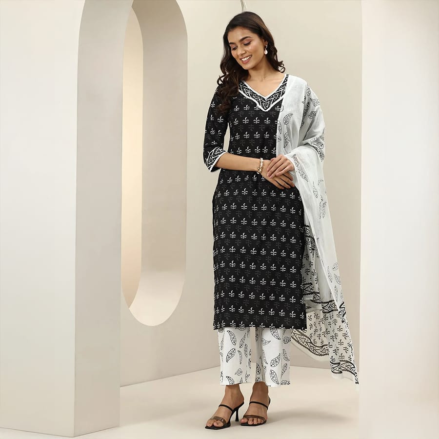 Black Printed Cotton Straight Suit Sets With Dupatta