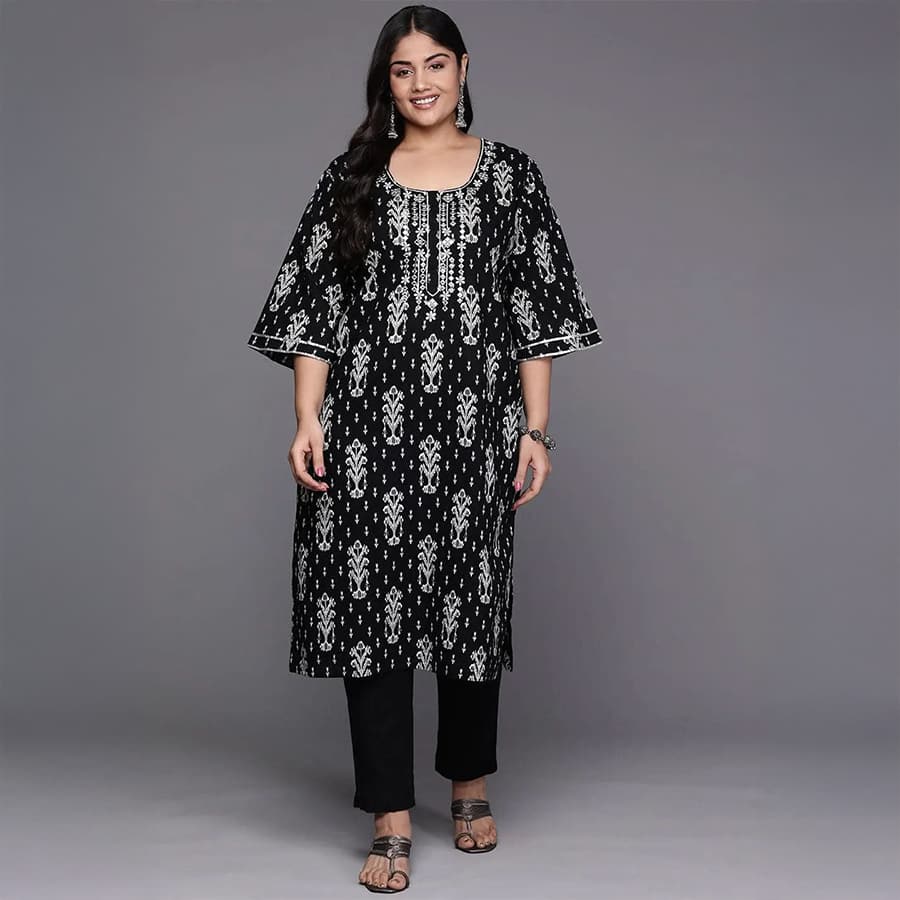 Black Yoke Design Cotton Straight Kurta