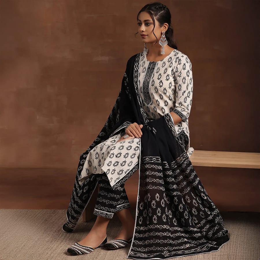 Monochrome Printed Cotton Straight Suit With Dupatta