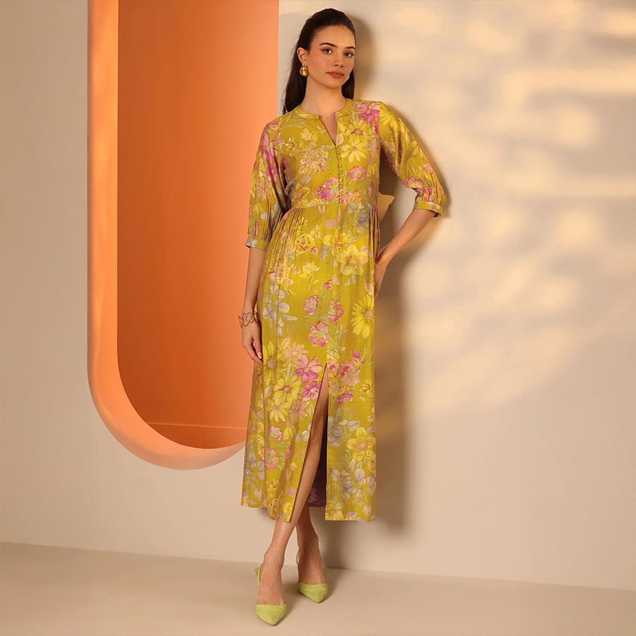 Green Printed Silk Blend Fit And Flare One Piece Dress