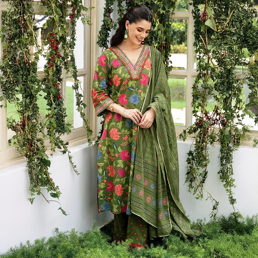 Green Printed Cotton Straight Suit Set With Dupatta