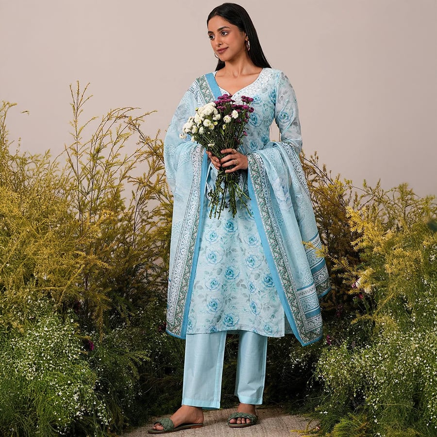 Blue Printed Linen Straight Suit With Dupatta