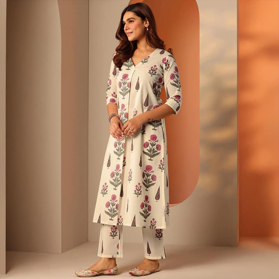 Off White Printed Cotton Straight Kurta Set