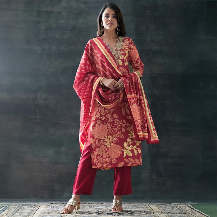 Maroon Printed Silk Blend Straight Suit Set With Dupatta