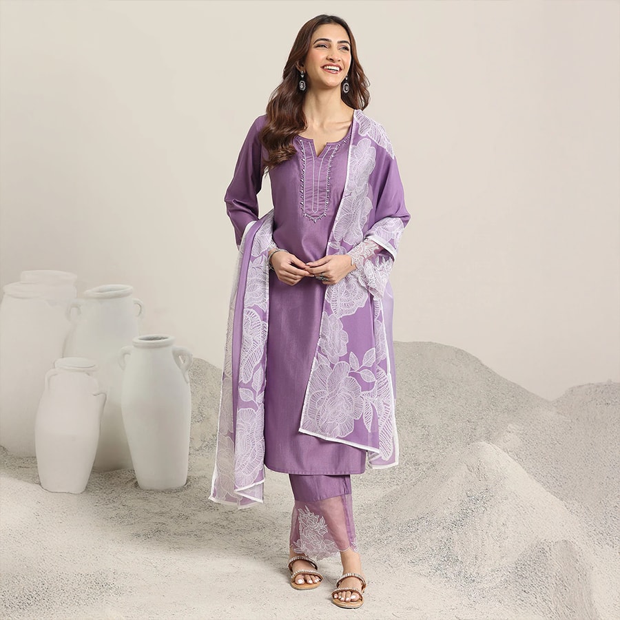 Purple Yoke Design Silk Blend Straight Suit Set With Dupatta
