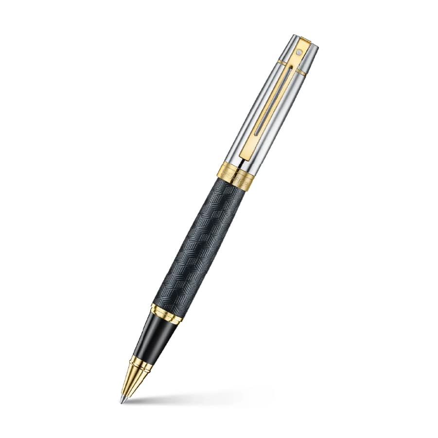 300 Engraved Black Rollerball Pen with Chrome Cap and Gold Trims