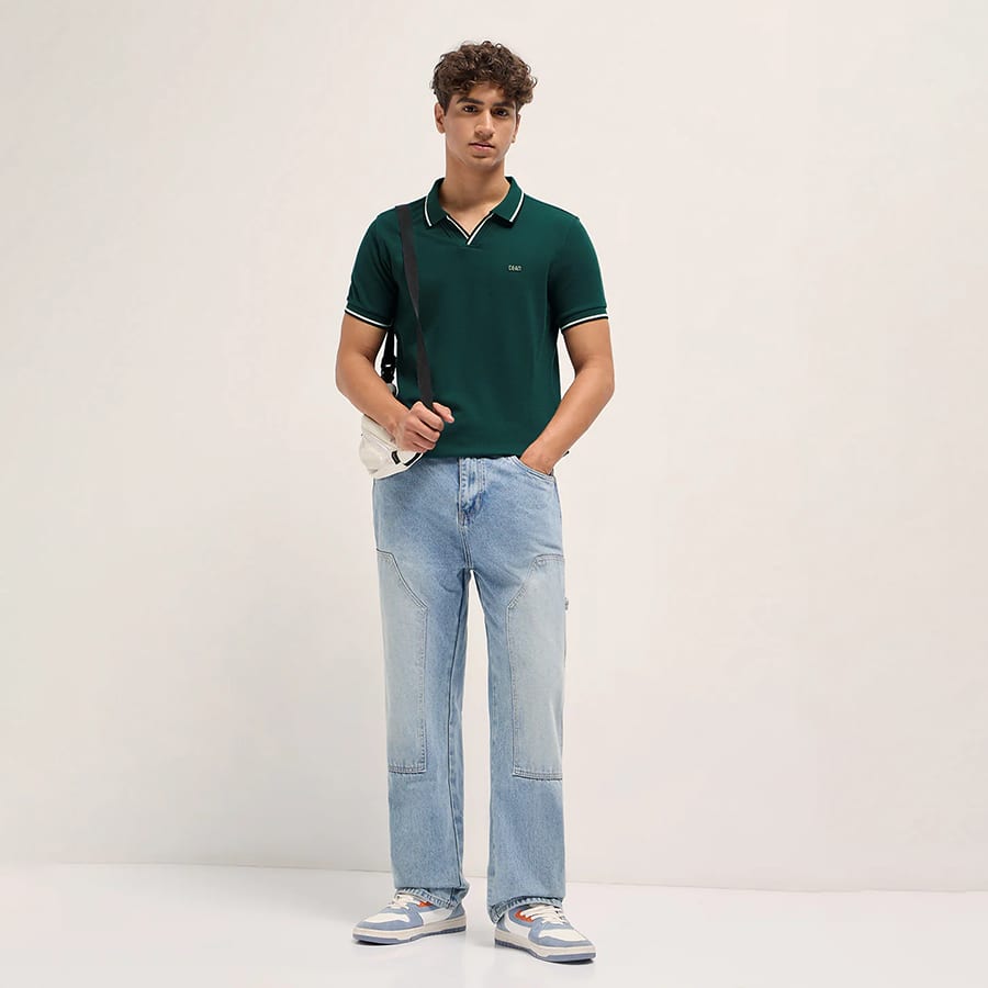 MOKO - Green Solid Slim Fit Polo with Contrast Tipping Detail