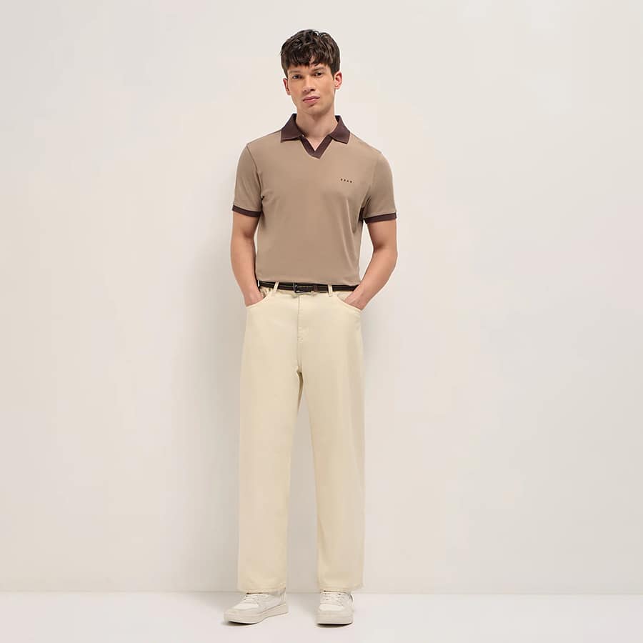 OREL - Beige Solid Regular Fit Polo with Contrast Collar