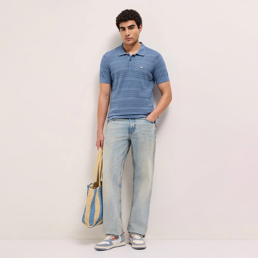 LARO - Blue Regular Fit Horizontal Textured Knit Polo Shirt with Transparent Effect