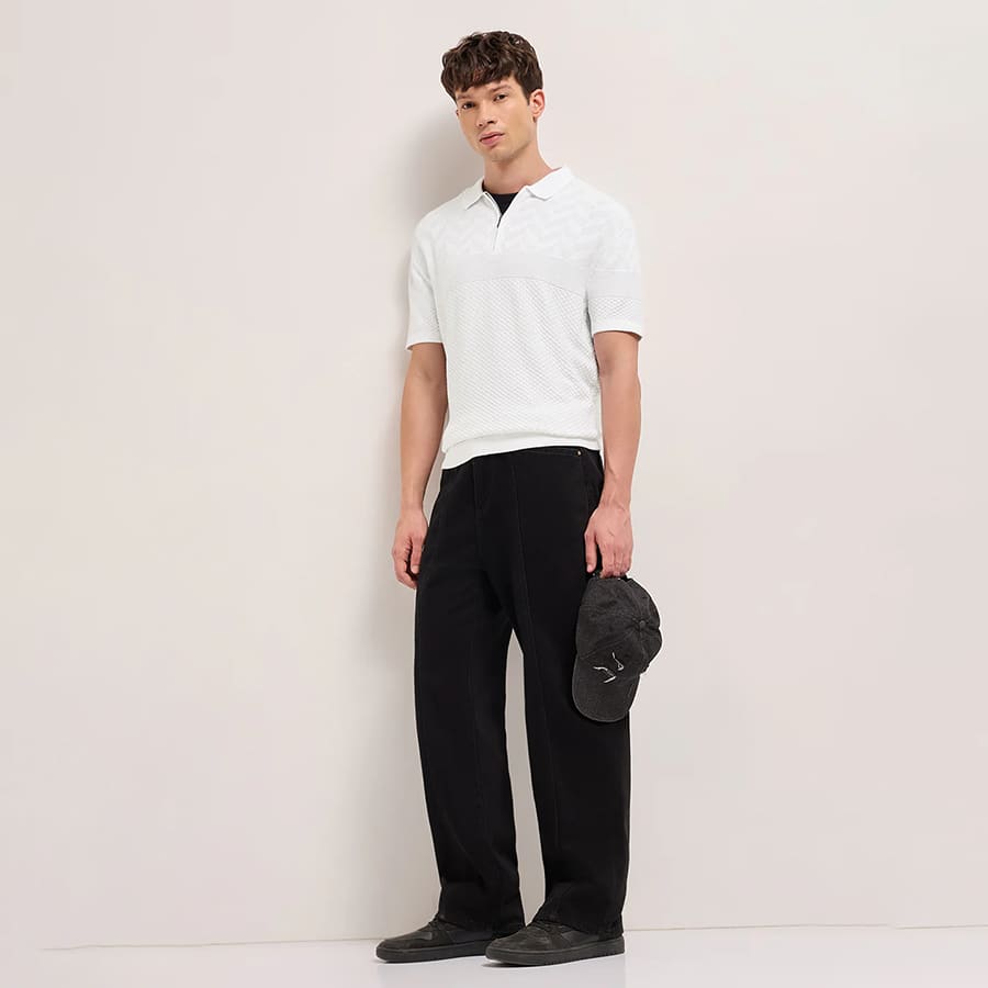 BLAZE - White Relaxed Fit Chevron Textured Flat Knit Polo