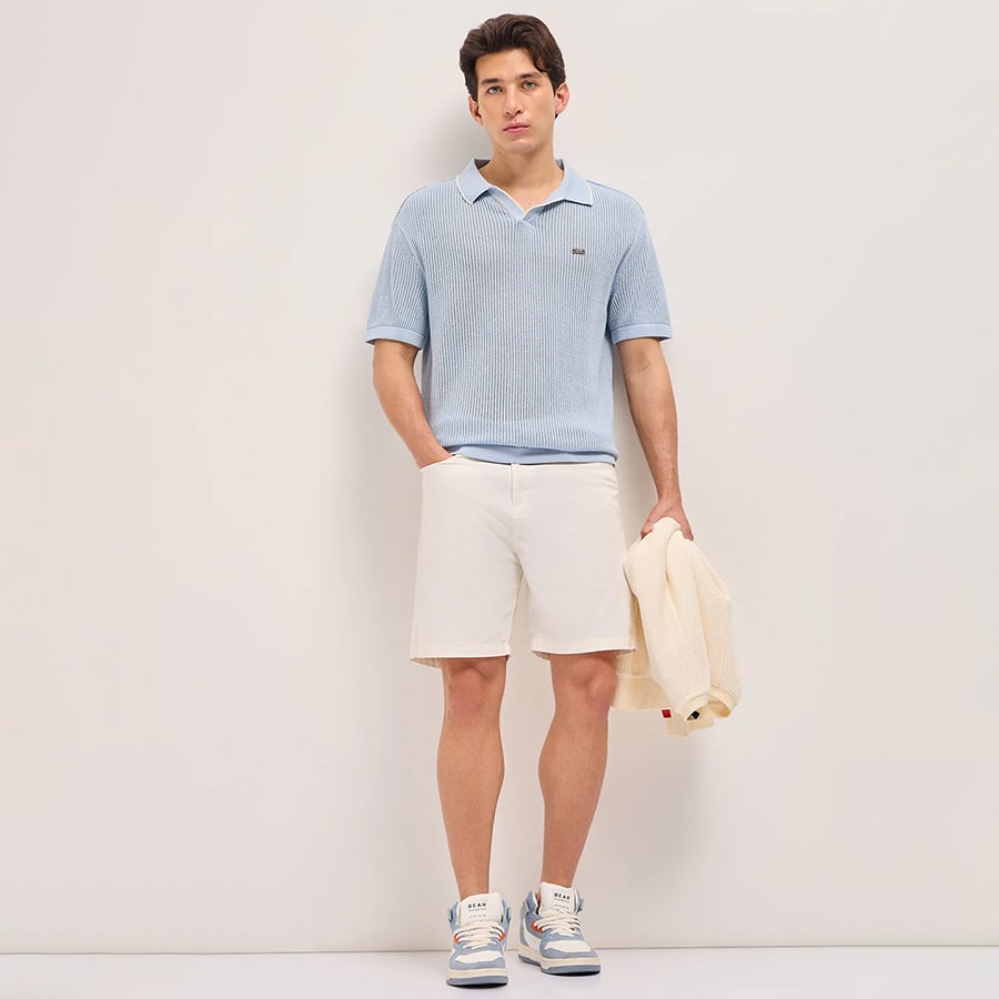 CLAVIN - Light Blue Relaxed Fit Mesh Textured Flat Knit Polo with Transparent Effect