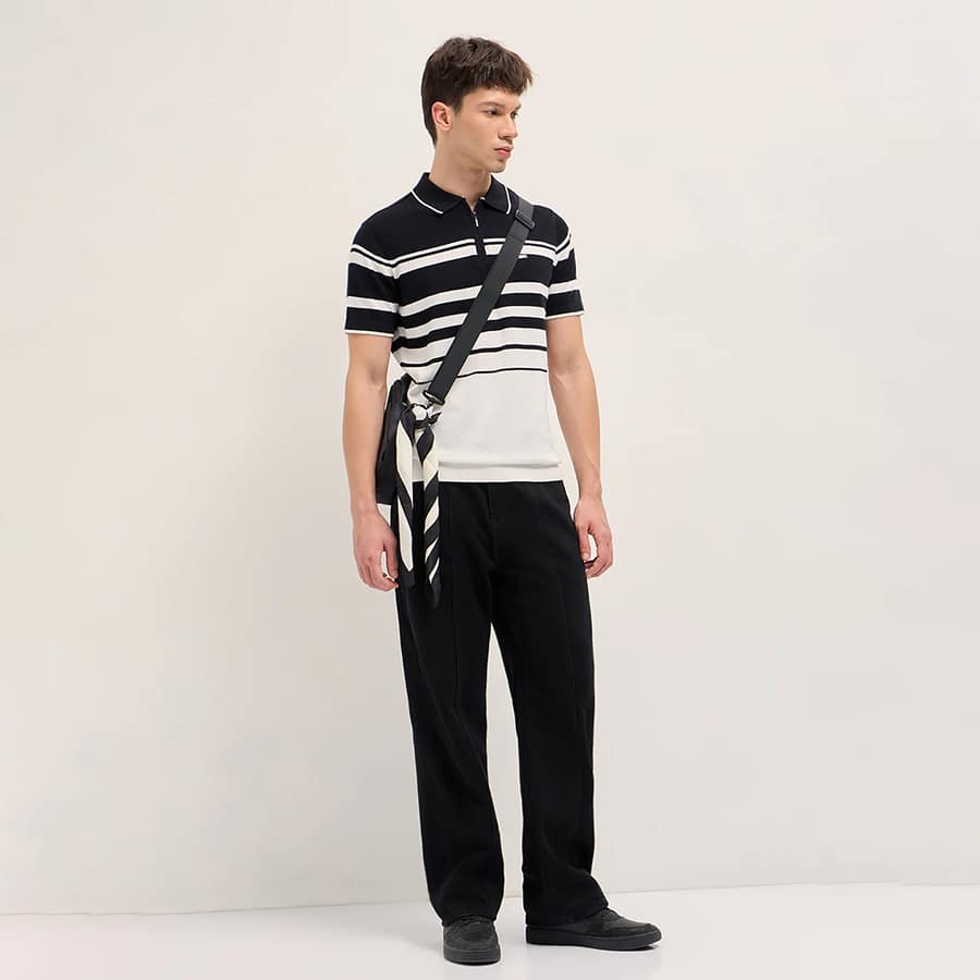 BRAM - Black and White Striped Textured Flat Knit Slim Fit Polo Shirt