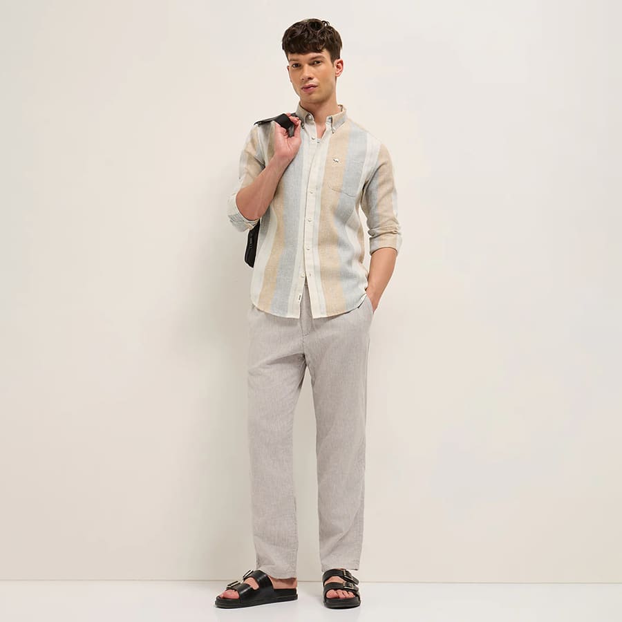 MINARO - Multicolor Woven Vertical Stripes Slim Fit Casual Shirt