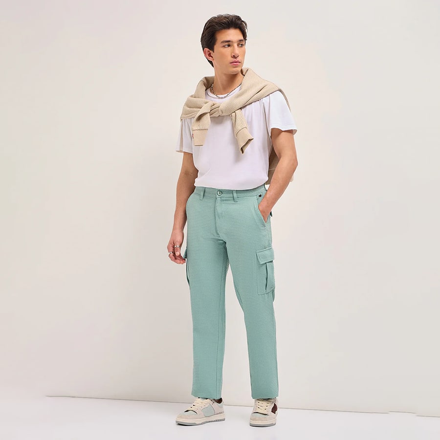CAR-AWAR Teal Textured Waffle Weave Straight Fit Cargo Pants with Flap Pockets