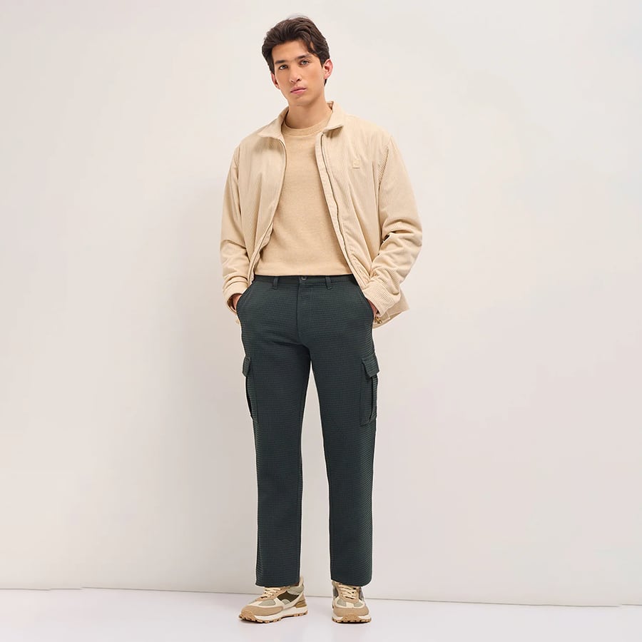 CAR-AKIL - Green Textured Waffle Weave Straight Fit Cargo Pants with Flap Pockets