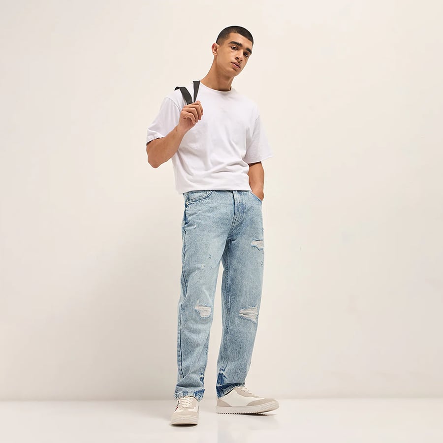 ALOSI - Light Blue with Light Fade Distressed Mid-Rise Straight Fit Jeans