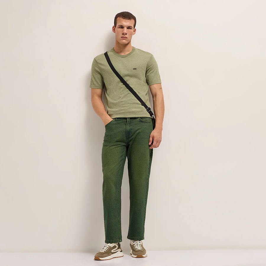 PORTIS - Green Mid-Rise Straight Fit Jeans with Heavy Washed Effect